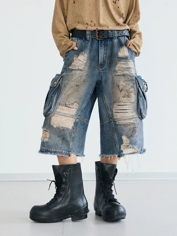 Distressed Cargo Denim Capri Pants 1