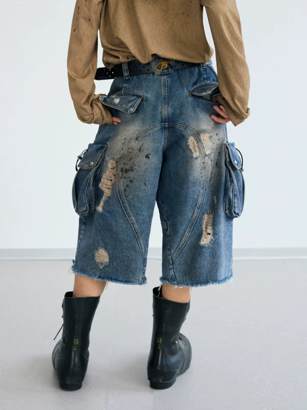 Distressed Cargo Denim Capri Pants 2