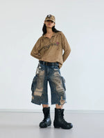 Distressed Cargo Denim Capri Pants 3