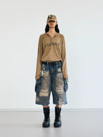 Distressed Cargo Denim Capri Pants 4