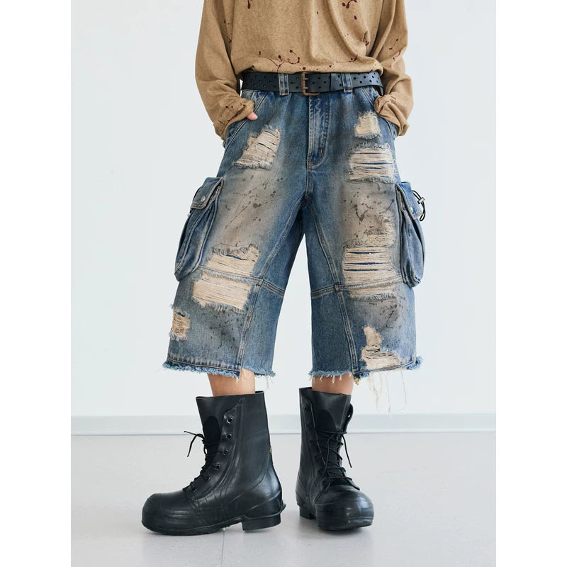 5928341031507,5928341031508,5928341031509,5928341031510,5928341031511, Distressed Cargo Denim Capri Pants