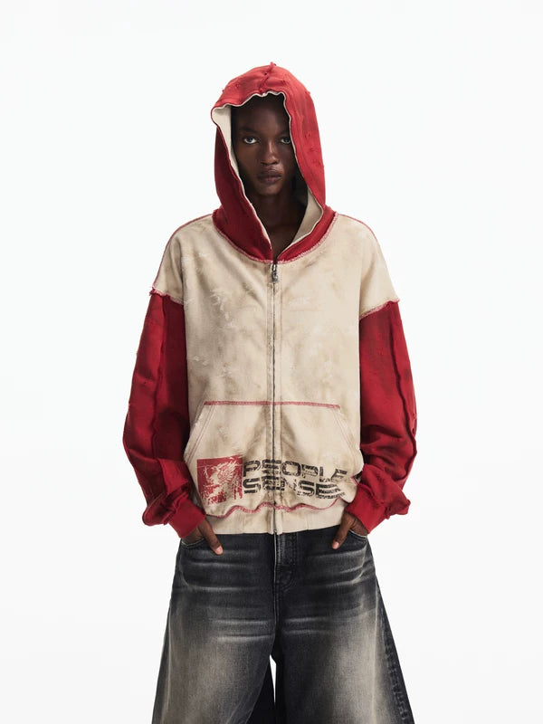 Distressed Colorblock Zip-Up Hoodie Cardigan 1