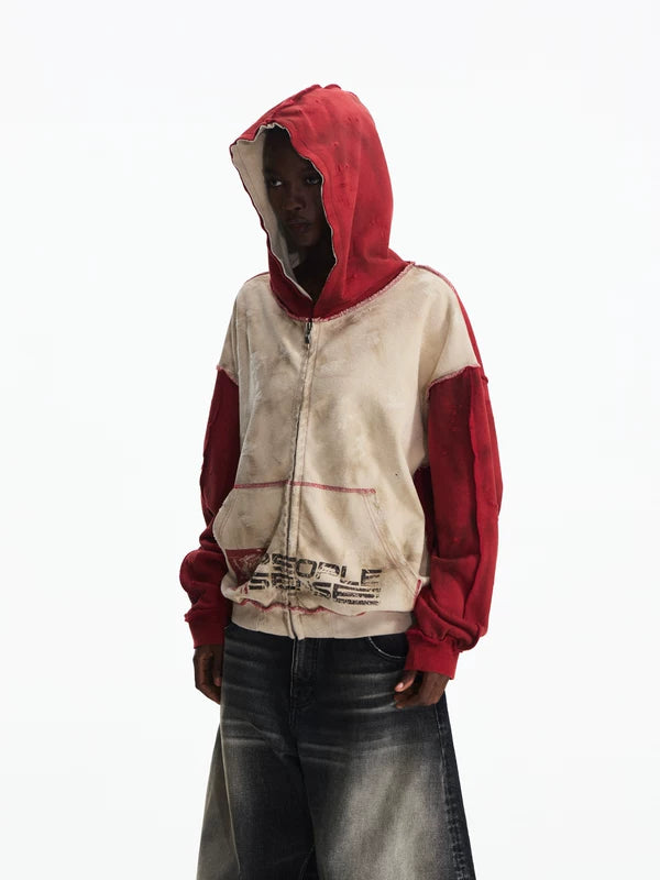 Distressed Colorblock Zip-Up Hoodie Cardigan 2