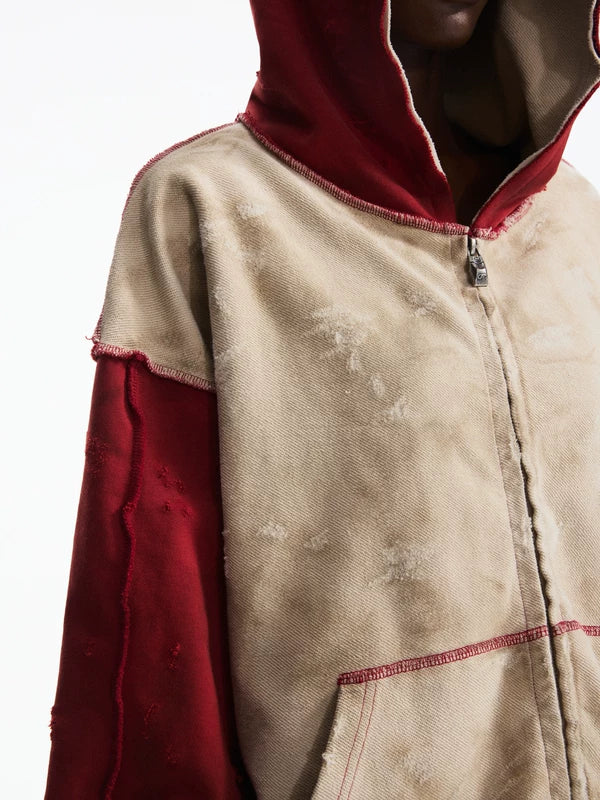 Distressed Colorblock Zip-Up Hoodie Cardigan 3