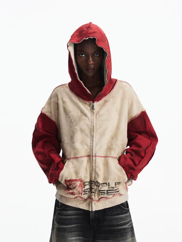 6101561982273,6101561982274,6101561982275, Distressed Colorblock Zip-Up Hoodie Cardigan