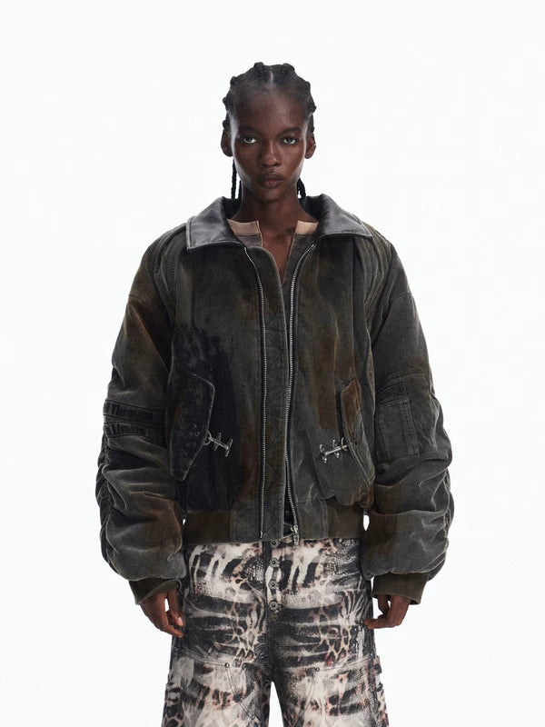 Distressed Corduroy Racing Style Short Jacket 1