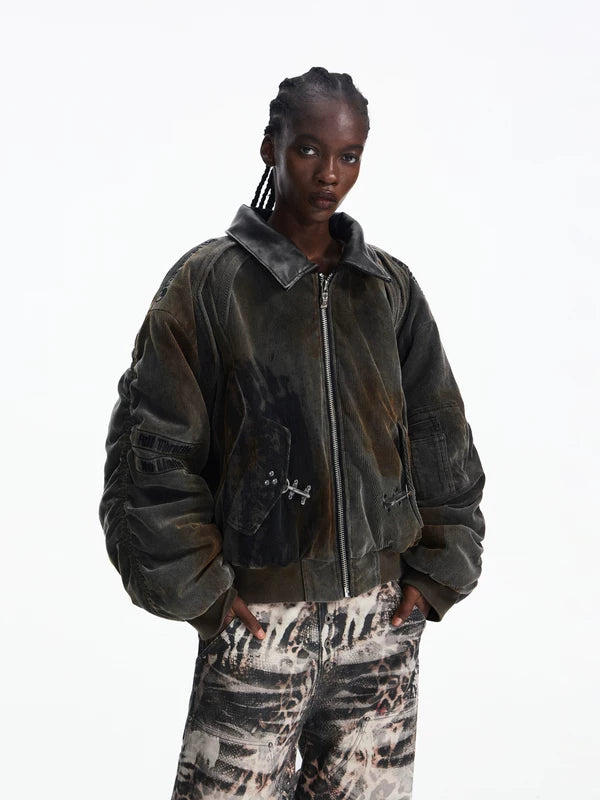 Distressed Corduroy Racing Style Short Jacket 2