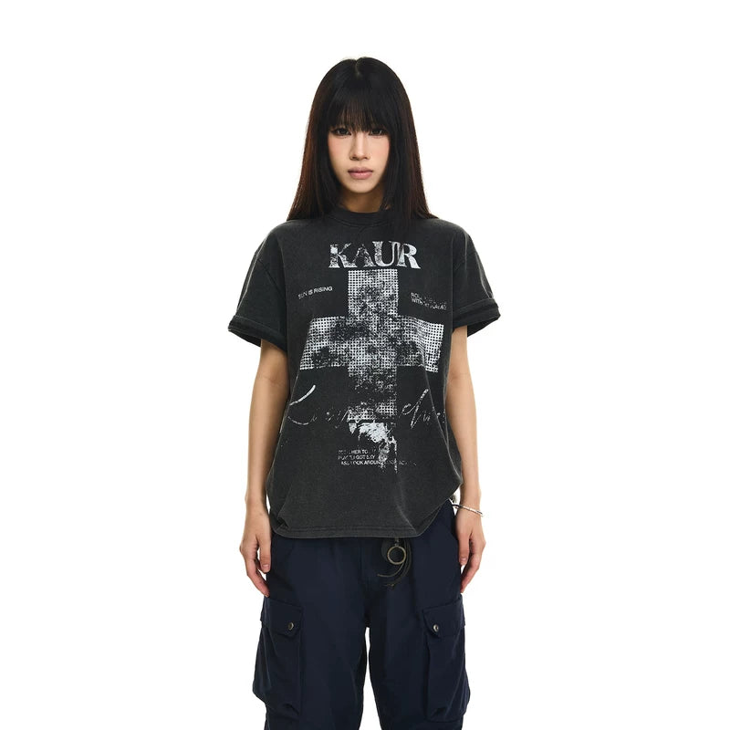 6091872628469,6091872628470,6091872628471,6091872628472, Distressed Cross Print T-Shirt