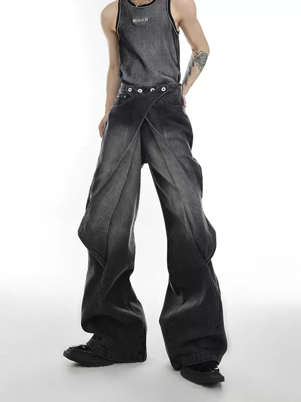 Distressed Deconstructed Wide-Leg Denim Pants 1