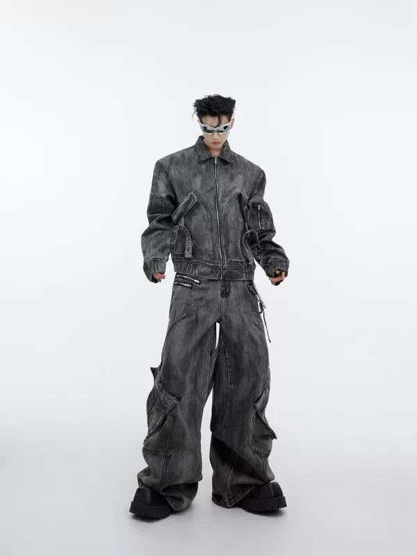 Distressed Denim Cargo Jacket and Pants Set 1