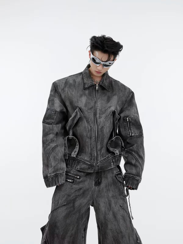 Distressed Denim Cargo Jacket and Pants Set 2