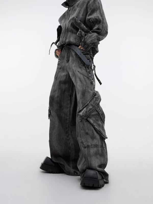 Distressed Denim Cargo Jacket and Pants Set 3