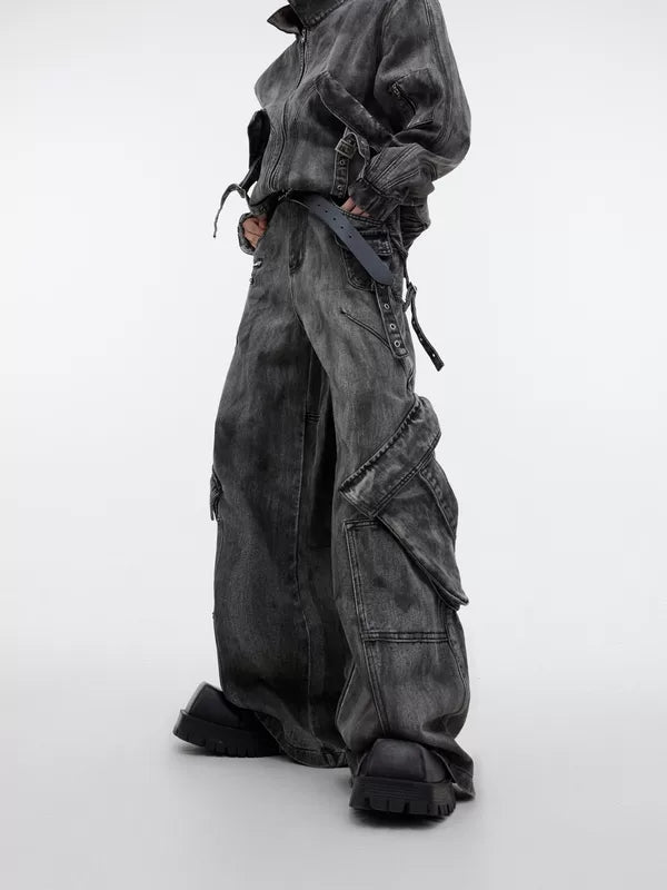 6195096450422,6195096450424,6195096450426,6195096450428, Distressed Denim Cargo Jacket and Pants Set