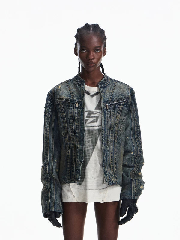 Distressed Denim Motorcycle Jacket 1