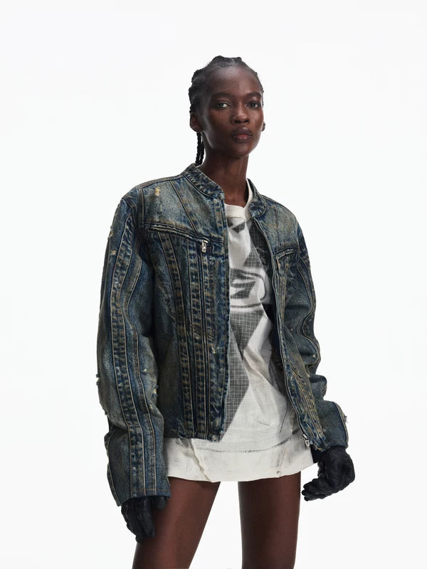Distressed Denim Motorcycle Jacket 2