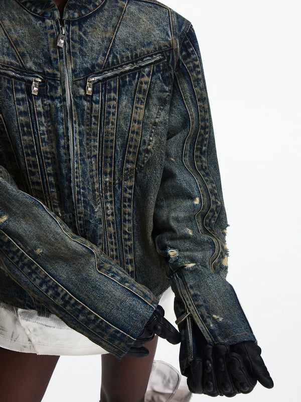 Distressed Denim Motorcycle Jacket 3