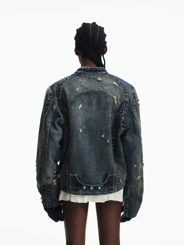 Distressed Denim Motorcycle Jacket 4
