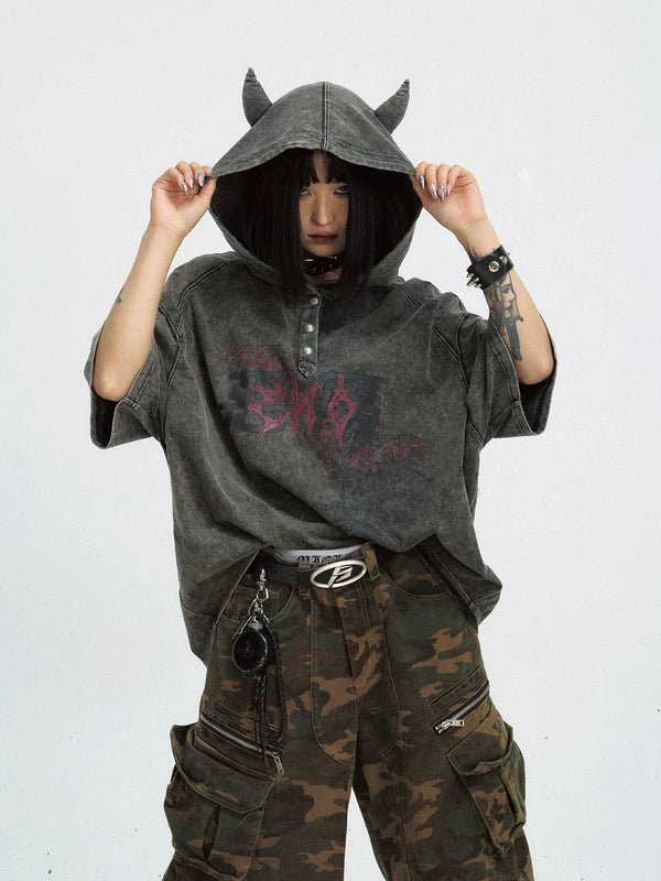 Distressed Devil Horn Hooded T-Shirt 1