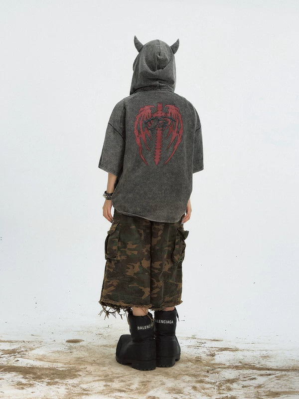Distressed Devil Horn Hooded T-Shirt 5