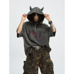 5429646324398,5429646324399,5429646324400, Distressed Devil Horn Hooded T-Shirt