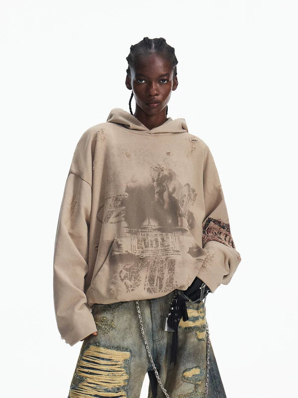 Distressed Double-Layer Horse Carriage Hoodie 1