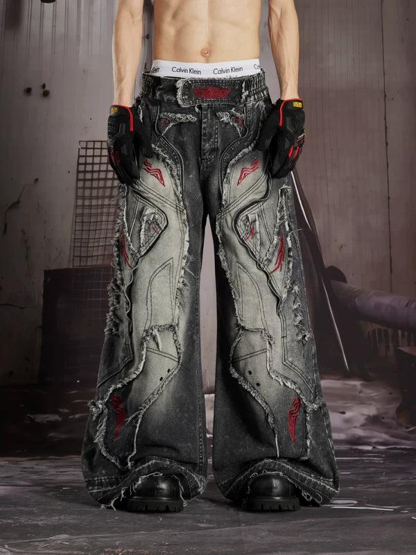 Distressed Embroidered Loose Fit Denim Pants 1