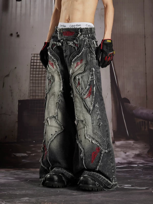 Distressed Embroidered Loose Fit Denim Pants 2