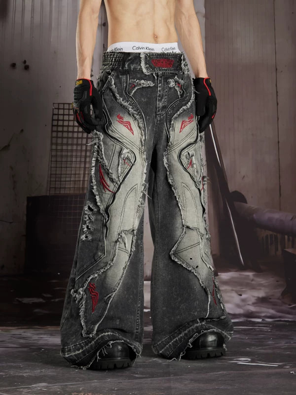 Distressed Embroidered Loose Fit Denim Pants 3