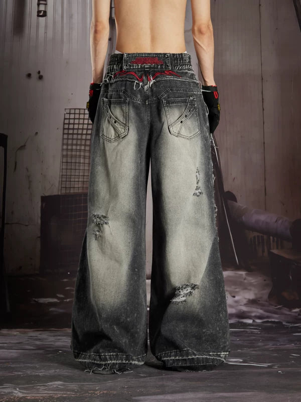 Distressed Embroidered Loose Fit Denim Pants 4