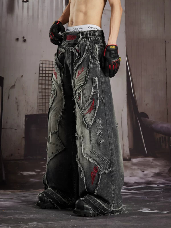 Distressed Embroidered Loose Fit Denim Pants 5