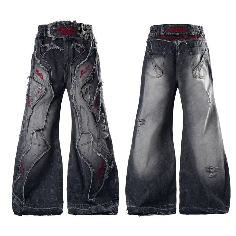 6102734933063,6102734933064,6102734933065,6102734933066, Distressed Embroidered Loose Fit Denim Pants