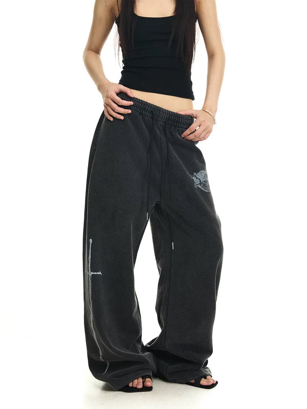 Distressed Enzyme Wash Baggy Wide-Leg Pants 2