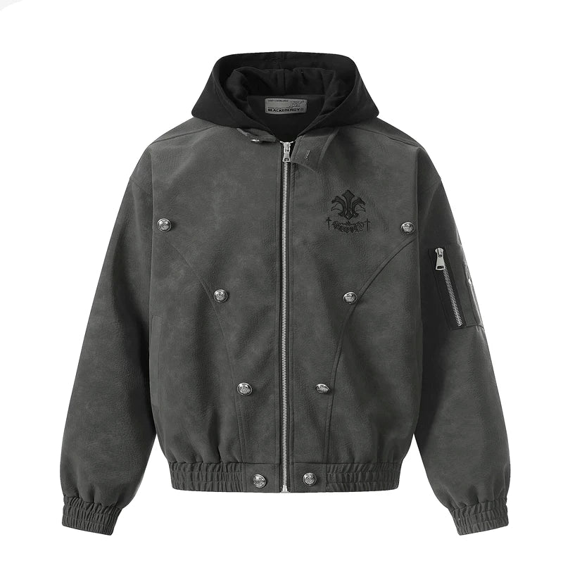 6197580750411,6197580750412,6197580750413,6197580750414, Distressed Faux Leather Hooded Zip Jacket