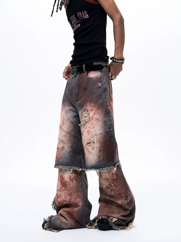 Distressed Faux Two-Piece Loose Jeans Pants 2
