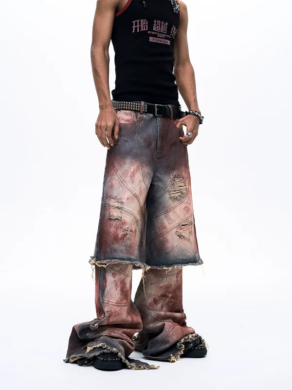 Distressed Faux Two-Piece Loose Jeans Pants 3