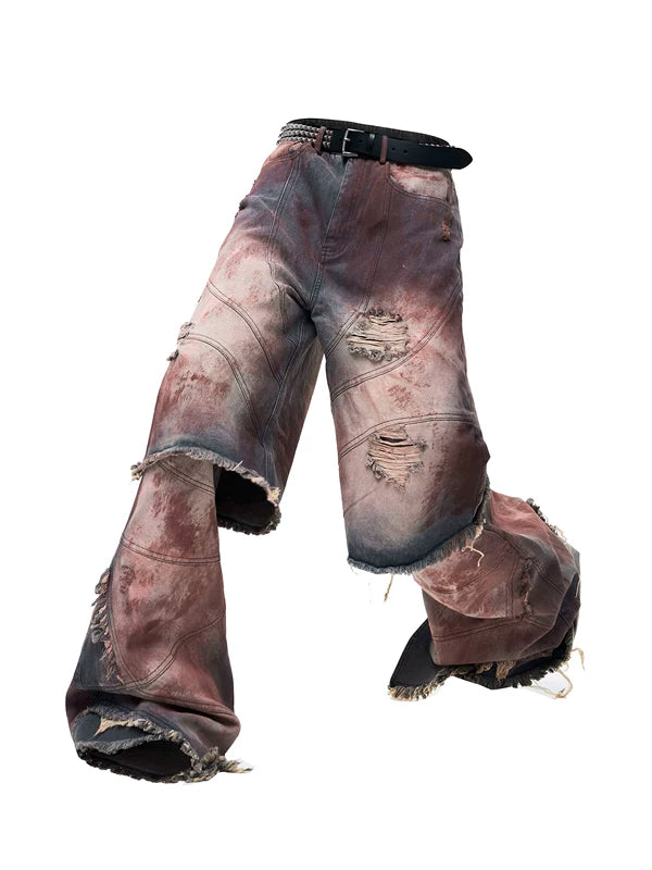 Distressed Faux Two-Piece Loose Jeans Pants 5