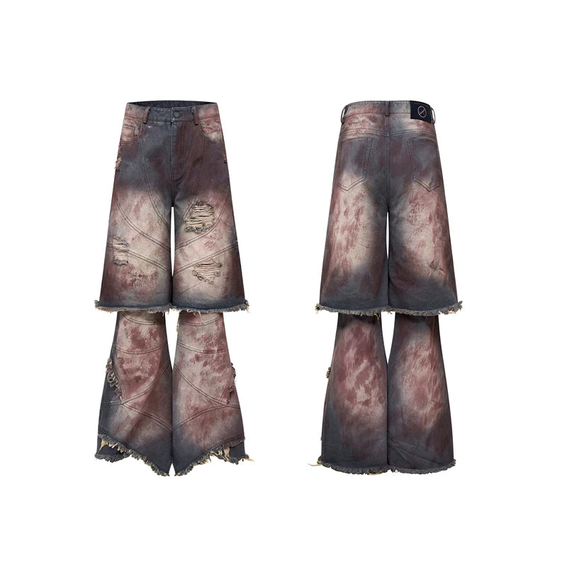 6208731002686,6208731002687,6208731002688,6208731002689, Distressed Faux Two-Piece Loose Jeans Pants