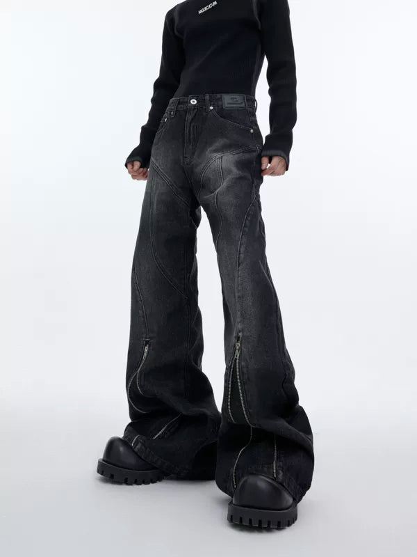 Distressed Flared Jeans with Zipper Details 1