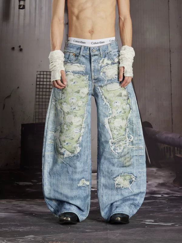 Distressed Floral Patchwork Wide-Leg Jeans 1