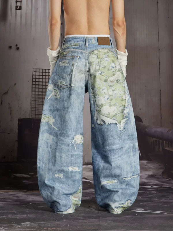 Distressed Floral Patchwork Wide-Leg Jeans 2