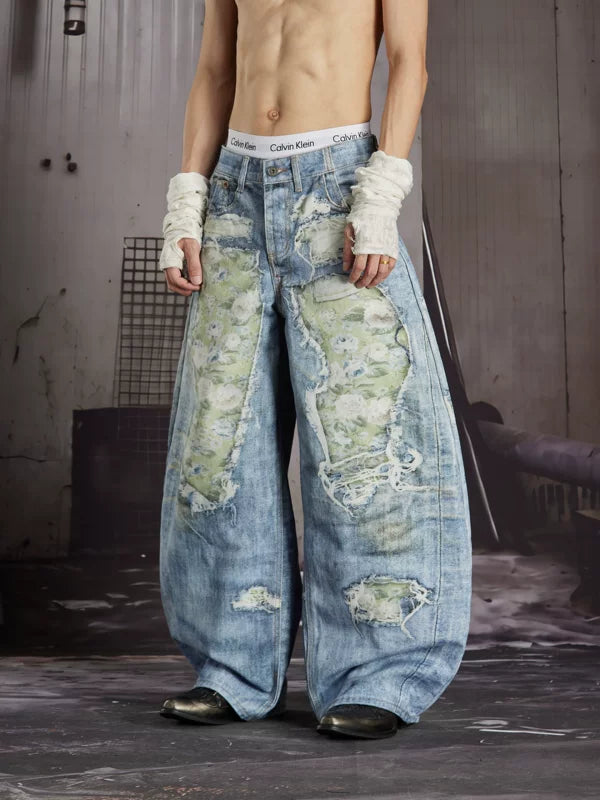 Distressed Floral Patchwork Wide-Leg Jeans 3