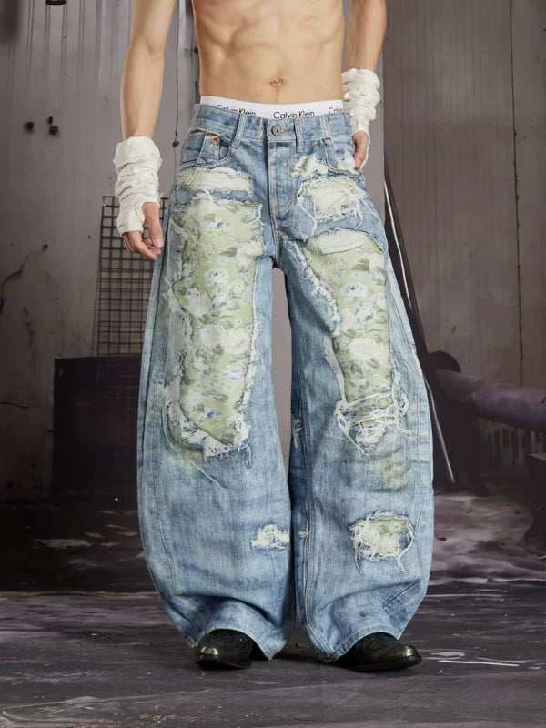 Distressed Floral Patchwork Wide-Leg Jeans 4