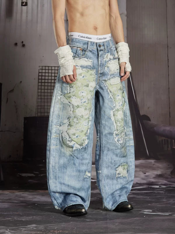 Distressed Floral Patchwork Wide-Leg Jeans 5