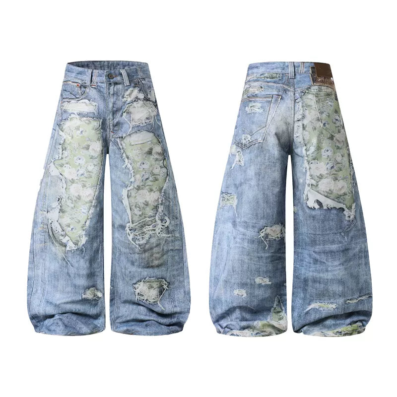 6101432801799,6101432801800,6101432801801,6101432801802, Distressed Floral Patchwork Wide-Leg Jeans