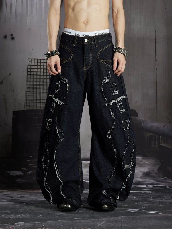 Distressed Frayed Wide-Leg Denim Pants 1