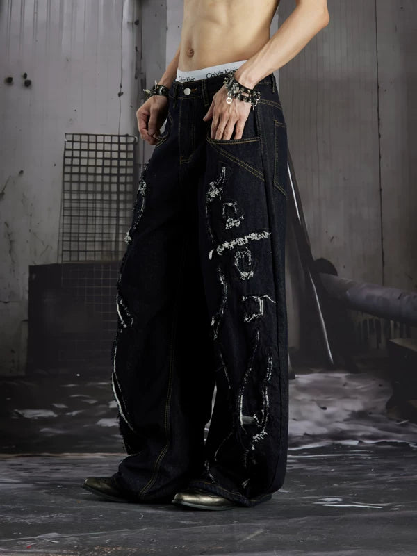 Distressed Frayed Wide-Leg Denim Pants 2
