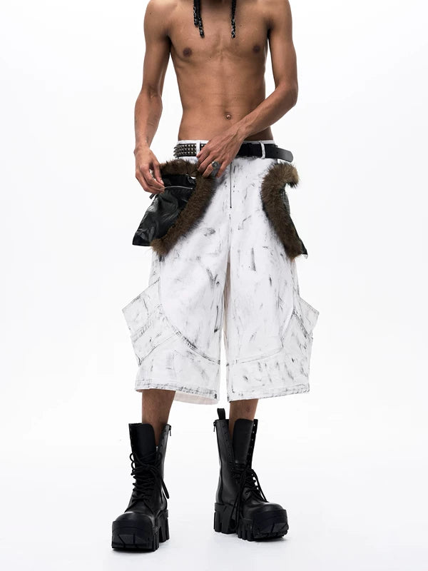 Distressed Fur-Trimmed Multi-Pocket Cropped Pants 4