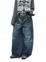 Distressed Graffiti Print Wide Leg Jeans Pants 1