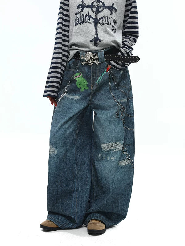 Distressed Graffiti Print Wide Leg Jeans Pants 1