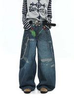 Distressed Graffiti Print Wide Leg Jeans Pants 2